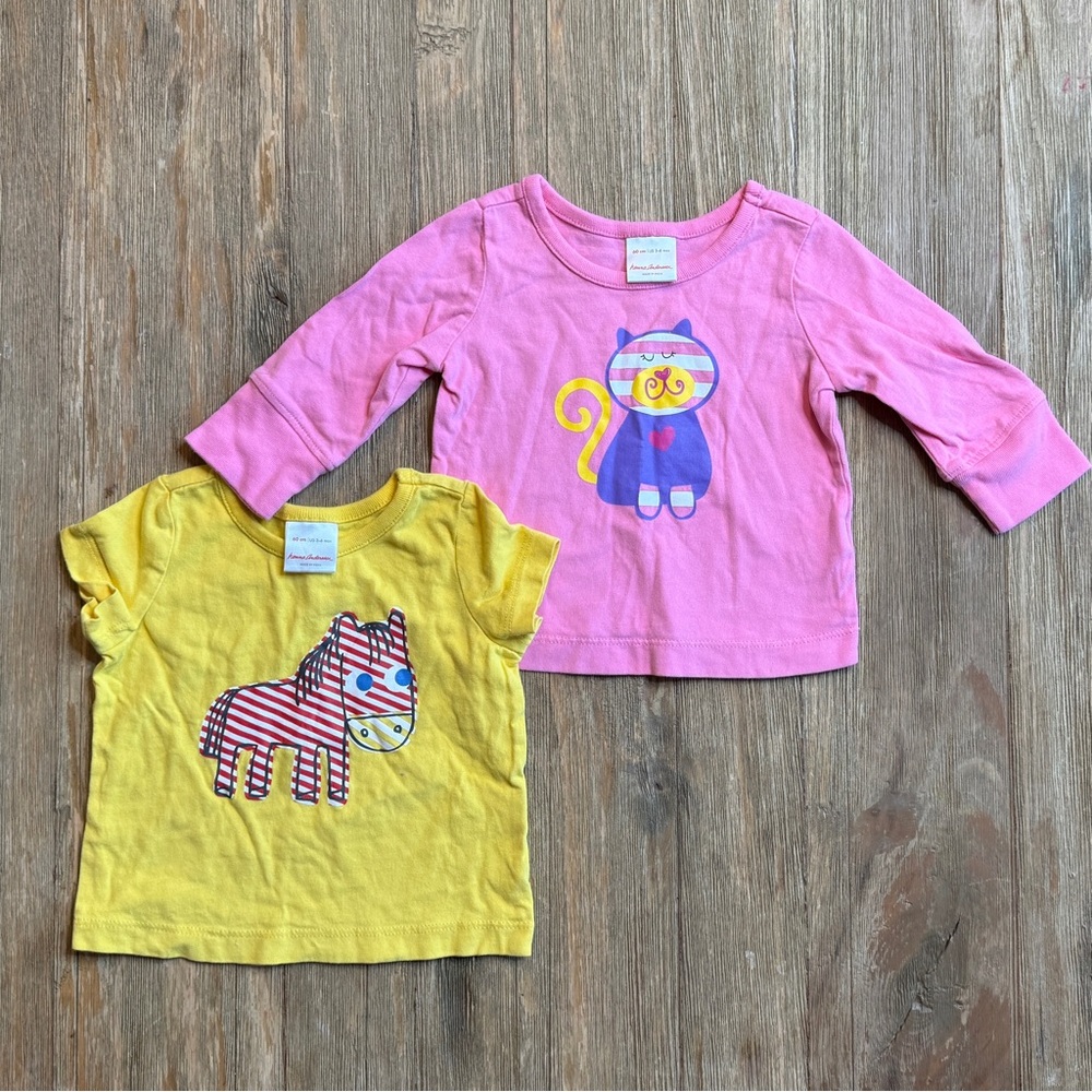 Hanna Andersson Pink and Yellow Baby T-Shirts with Horse and Cat Prints, 3-6M